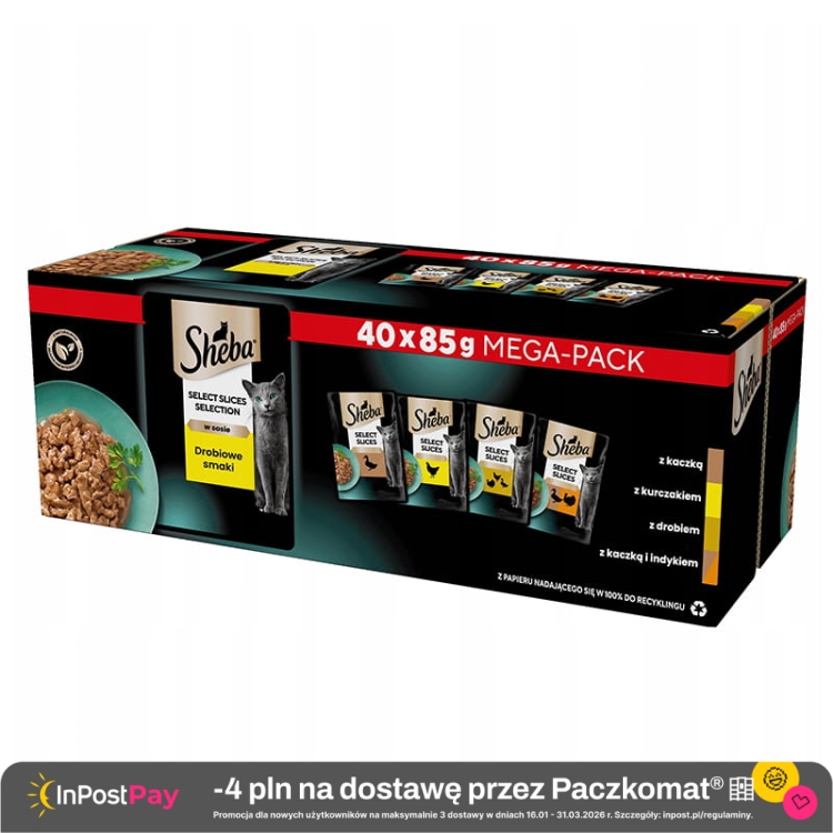 Sheba Delicacy Drobiowe smaki Mokra karma dla kotów w saszetkach 85 g x 40 sztuk.jpg