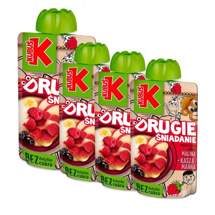 Kubuś Drugie śniadanie Mus jabłko banan aronia malina + kasza manna 100 g x 4 sztuki.jpg