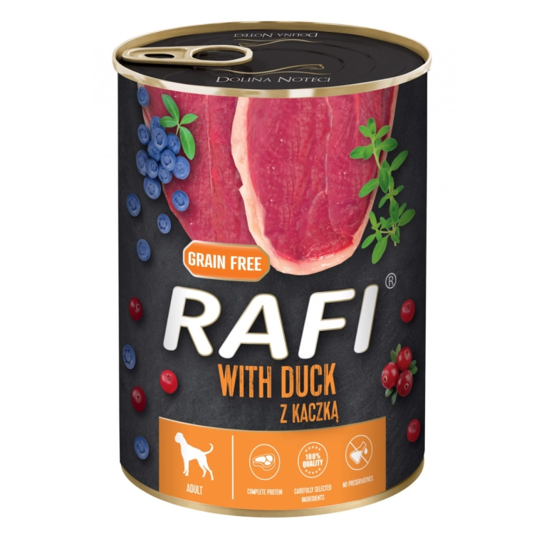 rafi-mokra-karma-dla-psow-z-kaczka-z-dodatkiem-borowki-zurawiny-400g-5902921304937.webp