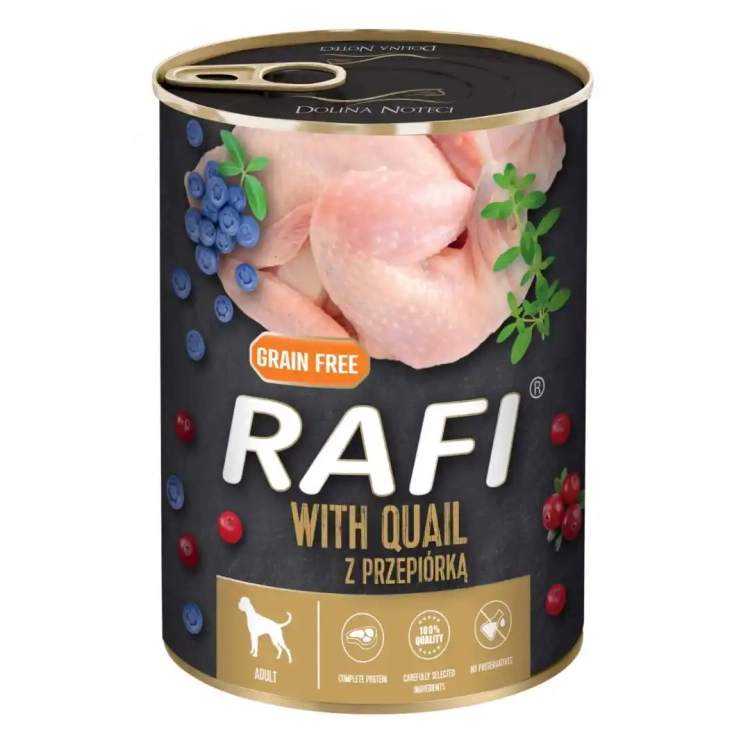 Rafi-Mokra-karma-dla-psów-z-przepiórką-z-dodatkiem borówki-i-żurawiny-400-g.webp