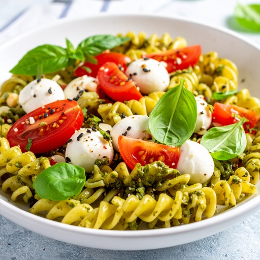 Makaron na zimno z pesto, mozzarellą i pomidorkami