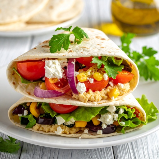 Tortilla z hummusem, warzywami i fetą